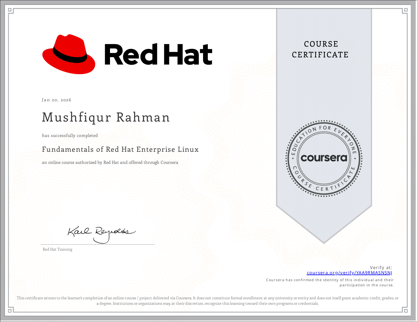 Fundamentals of Red Hat Enterprise Linux Certificate
